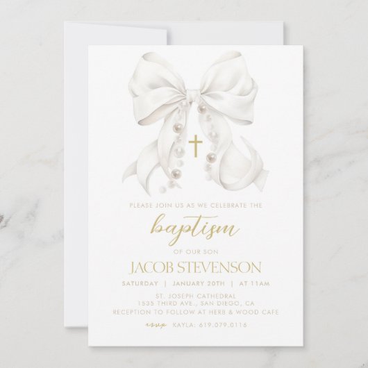 ボーイバプテスマ招待状ホワイトボウファースト聖餐式 招待状 (正面)