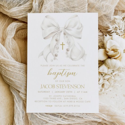 ボーイバプテスマ招待状ホワイトボウファースト聖餐式 招待状