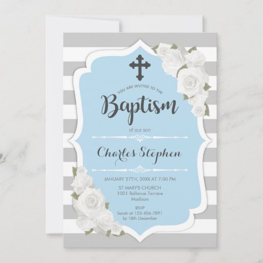 ボーイバプテスマ招待状 – ピンクブルーホワイト 招待状 (正面)