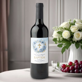 ボーイバプテスマ金ゴールド&ブルーウォーター色フローラ ワインラベル