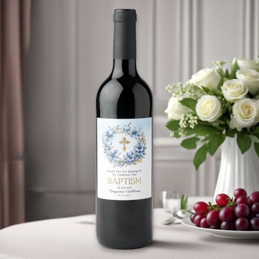 ボーイバプテスマ金ゴールド&ブルーウォーター色フローラ ワインラベル