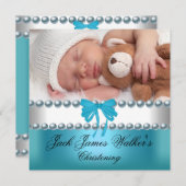 ボーイバプテスマ《キリスト教》洗礼式や命名式ボーイホワイトブルーボウ写真 招待状 (正面/裏面)