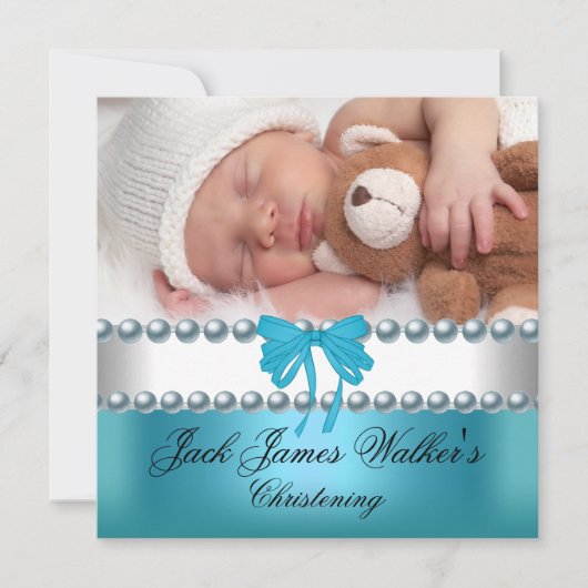 ボーイバプテスマ《キリスト教》洗礼式や命名式ボーイホワイトブルーボウ写真 招待状 (正面)
