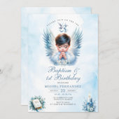 ボーイバプテスマ&第1バースデーブルーフローラクロス 招待状 (正面/裏面)