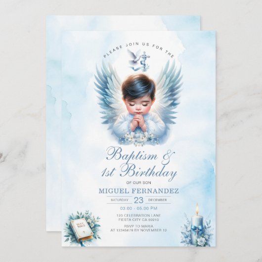 ボーイバプテスマ&第1バースデーブルーフローラクロス 招待状 (正面/裏面)