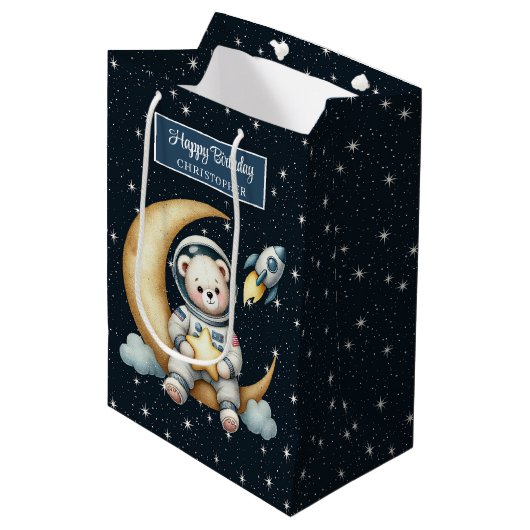 ボーイバースデーパーティーの宇宙飛行士ベア抱き枕 ミディアムペーパーバッグ (正面アングル)