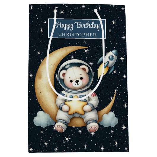 ボーイバースデーパーティーの宇宙飛行士ベア抱き枕 ミディアムペーパーバッグ (正面)