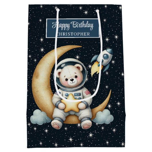 ボーイバースデーパーティーの宇宙飛行士ベア抱き枕 ミディアムペーパーバッグ (裏面)