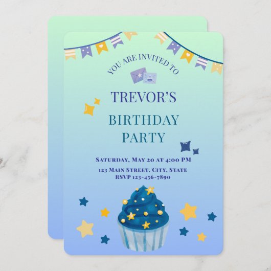 ボーイバースデーパーティーブルーグリーングラデーション招待状 招待状 (正面/裏面)