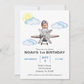 ボーイパイロット、飛行機&クラウド、フォトファースト誕生日 招待状 (正面)