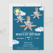 ボーイパイロット、飛行機&クラウド、フォトファースト誕生日 招待状 (正面)