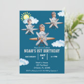 ボーイパイロット、飛行機&クラウド、フォトファースト誕生日 招待状 (スタンド正面)