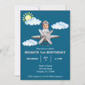 ボーイパイロット、飛行機&クラウド、フォトファースト誕生日 招待状 (正面)