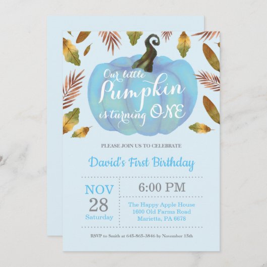 ボーイパンプキンファースト誕生日招待状ブルー 招待状 (正面/裏面)