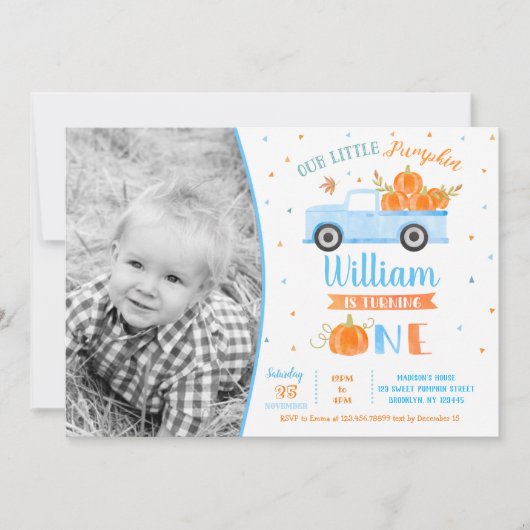 ボーイパンプキンブルートラックファースト誕生日招待状 招待状 (正面)