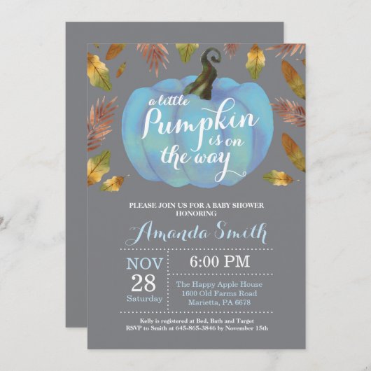 ボーイパンプキン秋ベイビーシャワーブルー&グレー 招待状 (正面/裏面)