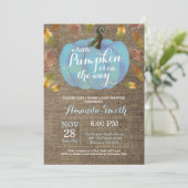 ボーイパンプキン秋ベイビーシャワーブルー&バーラップ 招待状 (スタンド正面)