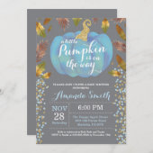 ボーイパンプキン秋ベビーシャワー金ゴールドグリッターブルー 招待状 (正面/裏面)