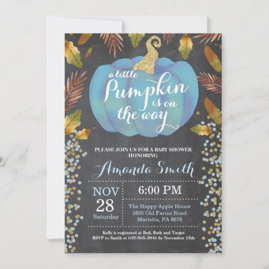 ボーイパンプキン秋ベビーシャワー金ゴールドグリッター 招待状 (正面)