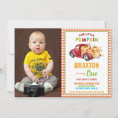ボーイパンプキン1歳誕生日パーティーレッドトラック写真 招待状 (正面)