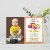 ボーイパンプキン1歳誕生日パーティーレッドトラック写真 招待状 (スタンド正面)