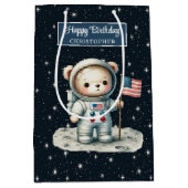 ボーイパーソナライズされた抱き枕と宇宙ベアテーマ ミディアムペーパーバッグ (正面)