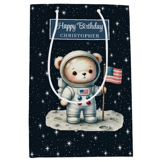 ボーイパーソナライズされた抱き枕と宇宙ベアテーマ ミディアムペーパーバッグ (正面)