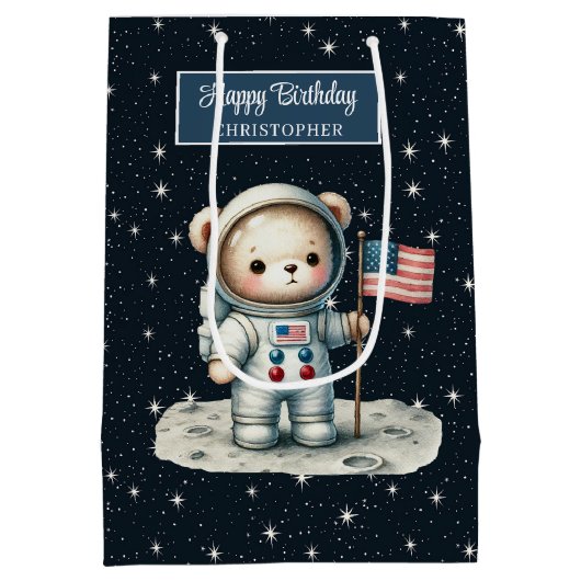 ボーイパーソナライズされた抱き枕と宇宙ベアテーマ ミディアムペーパーバッグ (裏面)