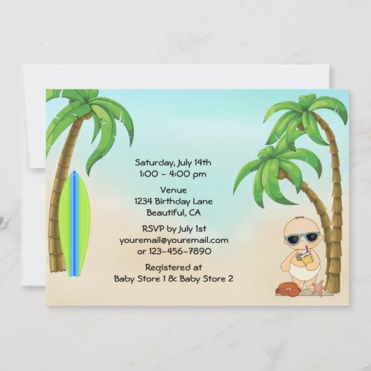 ボーイビーチベビーサンドキャッスルサーフボードベビーシャワー 招待状 (裏面)