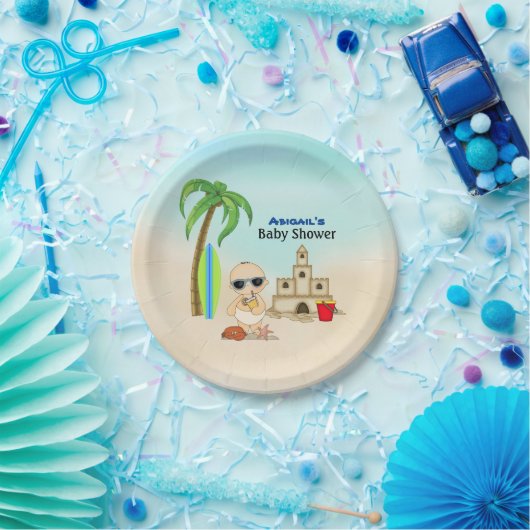 ボーイビーチベビーサンドキャッスルンサーフボードベビーシャワー ペーパープレート (パーティー)