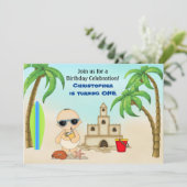 ボーイビーチベビーサンドキャッスルンサーフボード1st誕生日 招待状 (スタンド正面)