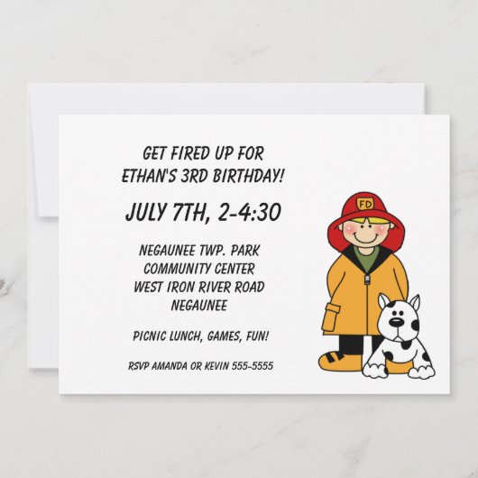 ボーイファイアーファイターファイアートラック誕生日招待状 招待状 (裏面)