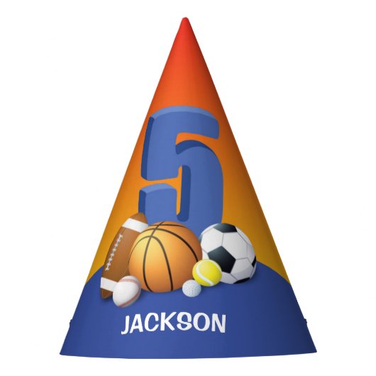 ボーイファイブ誕生日スポーツボール パーティーハット (正面)