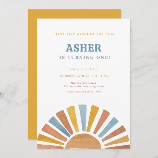 ボーイファーストのまわりにトリップザサン誕生日招待状 招待状 (正面/裏面)