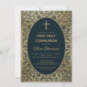 ボーイファーストコミュニオンブルーエレガント金ゴールド離れクロス 招待状 (正面)