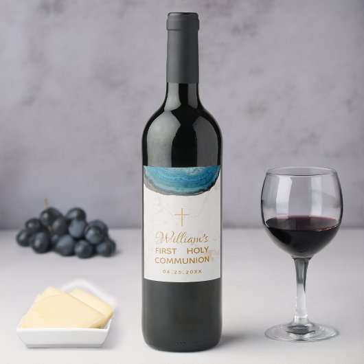 ボーイファーストコミュニオンブルーグードマーブルー金ゴールドクロス ワインラベル