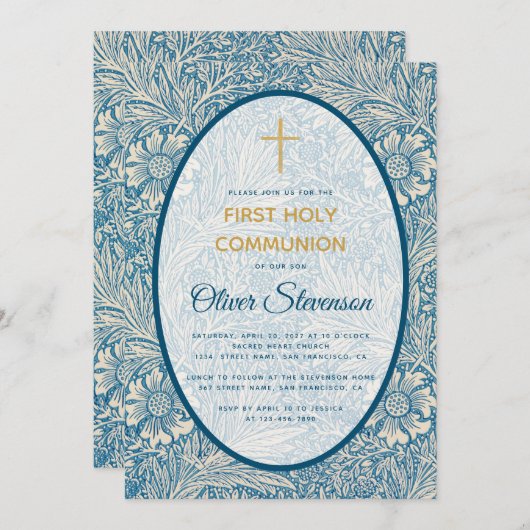 ボーイファーストコミュニオンブルーフローラマリゴルドモリス 招待状 (正面/裏面)