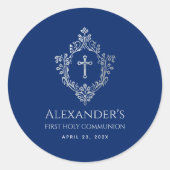 ボーイファーストコミュニオンブルー王室のヴィンテージクレストクロス ラウンドシール (正面)