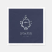 ボーイファーストコミューニオンネイビーブルーヴィンテージクロスクレスト スタンダードカクテルナプキン (正面)