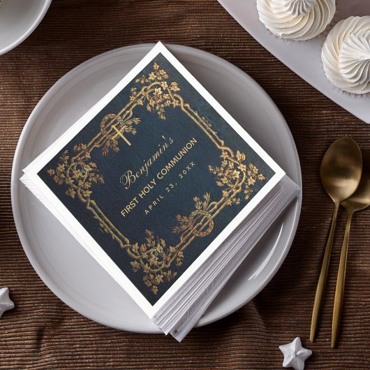 ボーイファーストコミューニオンネイビーブルーヴィンテージ金ゴールドつる植物 スタンダードカクテルナプキン