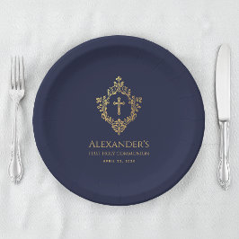ボーイファーストコミューニオンネイビーブルー金ゴールドクレストエレガント ペーパープレート
