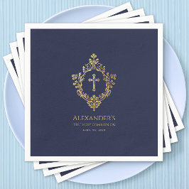 ボーイファーストコミューニオンネイビーブルー金ゴールドヴィンテージクレスト スタンダードカクテルナプキン