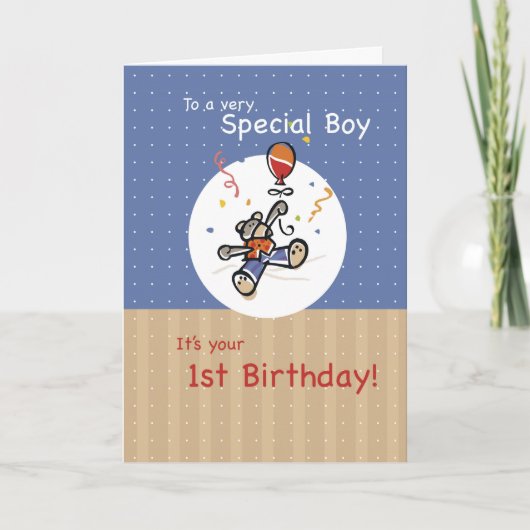 ボーイファーストテディベアバルーン誕生日 カード (正面)