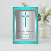 ボーイファーストホーリーコミュニオンシルバージェイドティール(緑がかった色) 招待状 (スタンド正面)