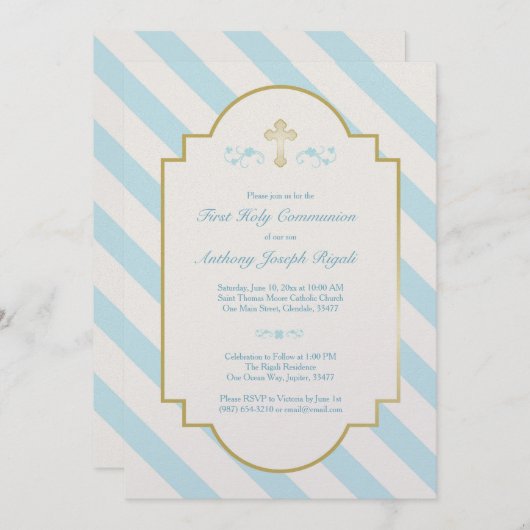 ボーイファーストホーリーコミュニオン招待状ブルーストライプズ 招待状 (正面/裏面)