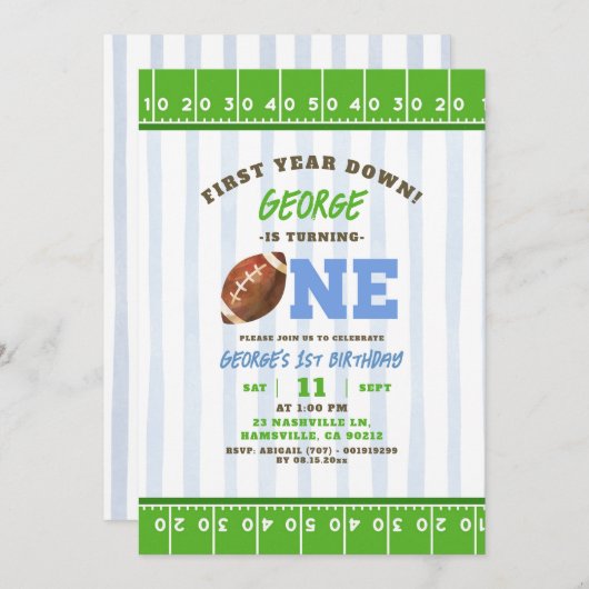 ボーイファースト年Touchダウンサッカーファースト誕生日 招待状 (正面/裏面)