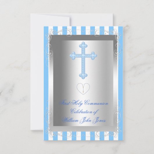 ボーイファースト聖体拝領シルバーブルーストライプ 招待状 (正面)
