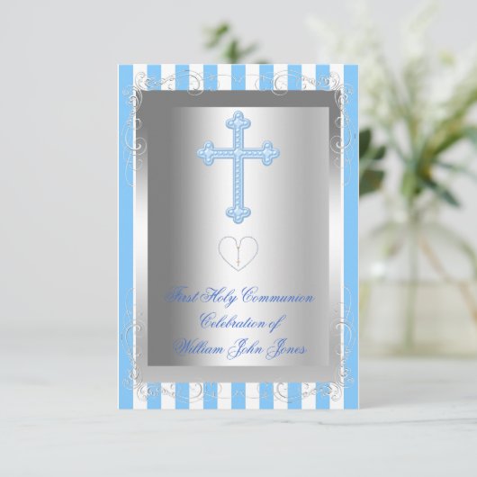 ボーイファースト聖体拝領シルバーブルーストライプ 招待状 (スタンド正面)