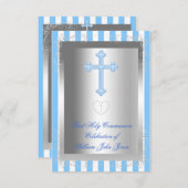 ボーイファースト聖体拝領シルバーブルーストライプ 招待状 (正面/裏面)