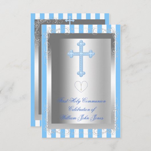 ボーイファースト聖体拝領シルバーブルーストライプ 招待状 (正面/裏面)